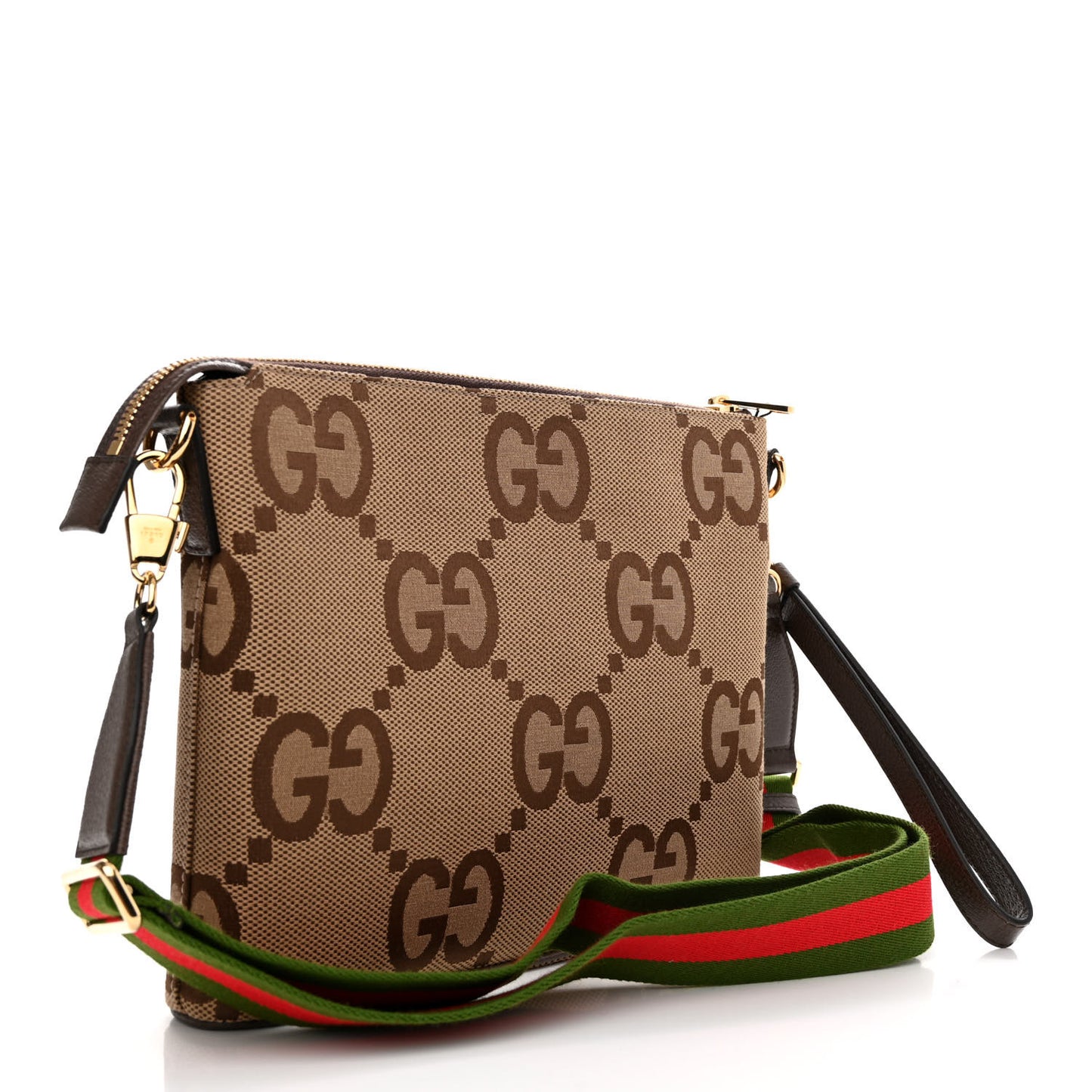 Monogram Jumbo GG Textured Dollar Calfskin Web Wristlet Messenger Bag Camel Ebony New Acero