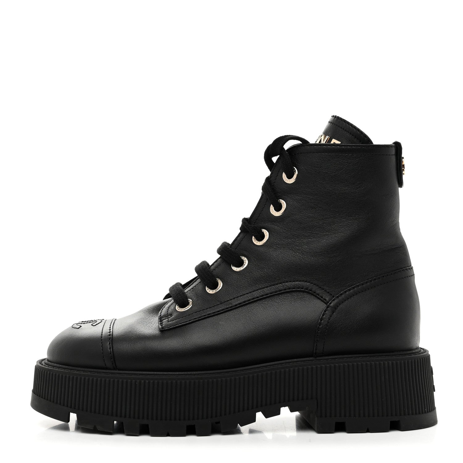 Chanel Grained Calfskin Shiny Calfskin CC Lace Up Combat Boots