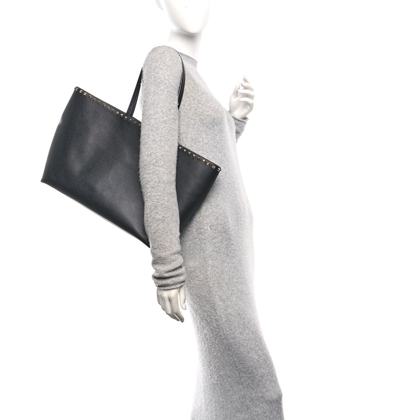 Grained Calfskin Rockstud Shoulder Tote Black