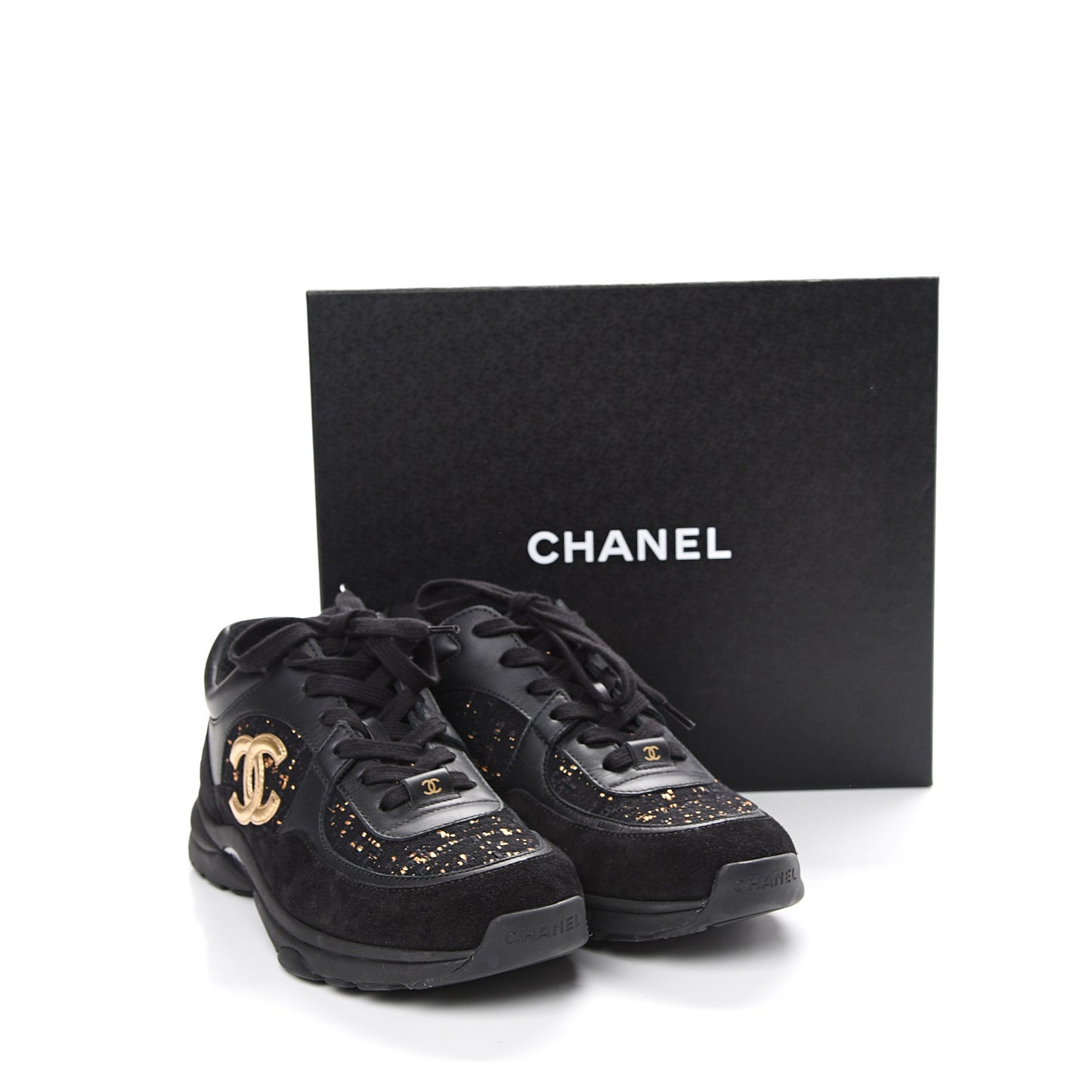 Velour Tweed CC Sneakers 38.5 Black Gold