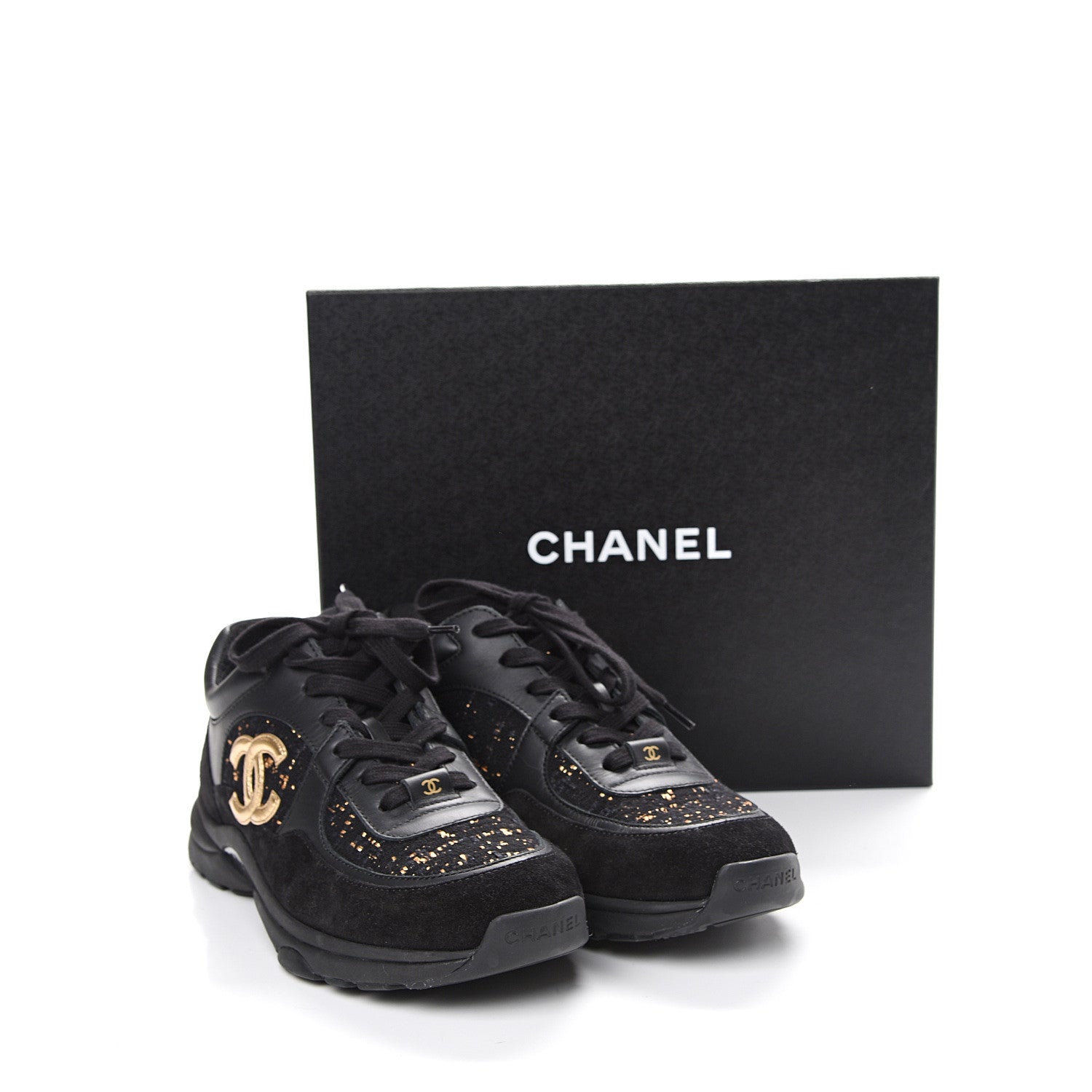 Chanel Velour Tweed CC Sneakers 38.5 Black Gold 10 of 10