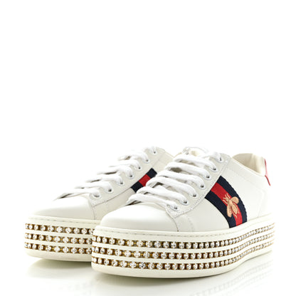Gucci Calfskin Crystal Web Bee Embroidered Womens Ace Platform Sneakers 36 White 3 of 11