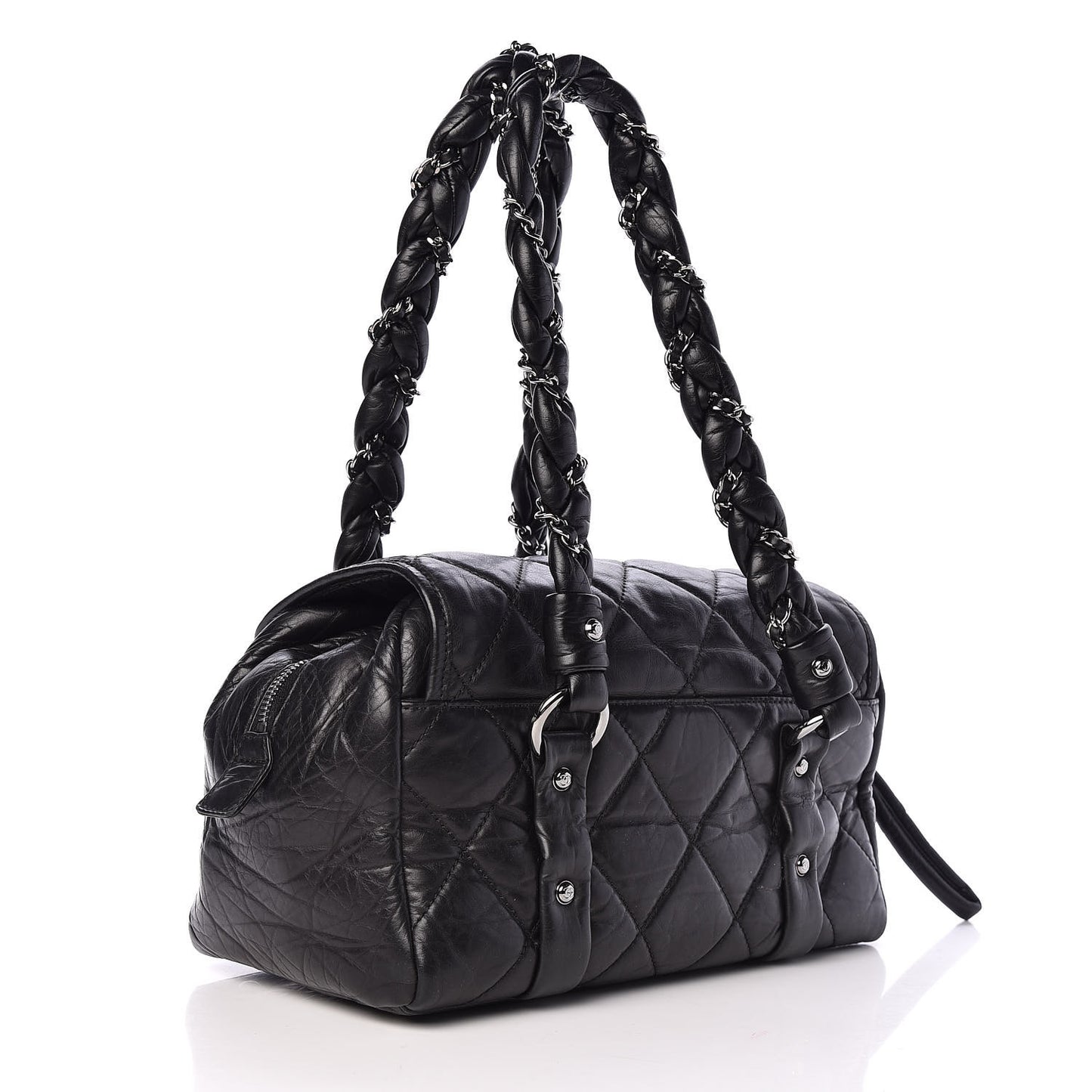 Distressed Lambskin Lady Braid Flap Tote Black