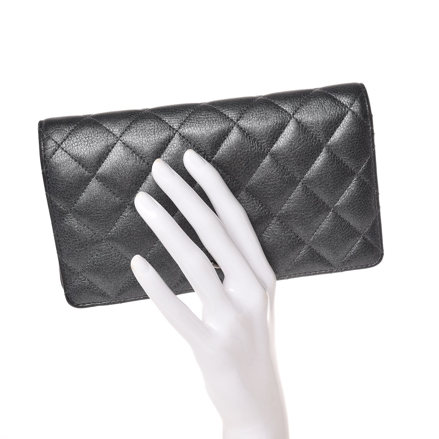 Metallic Calfskin Quilted Yen Wallet Dark Silver