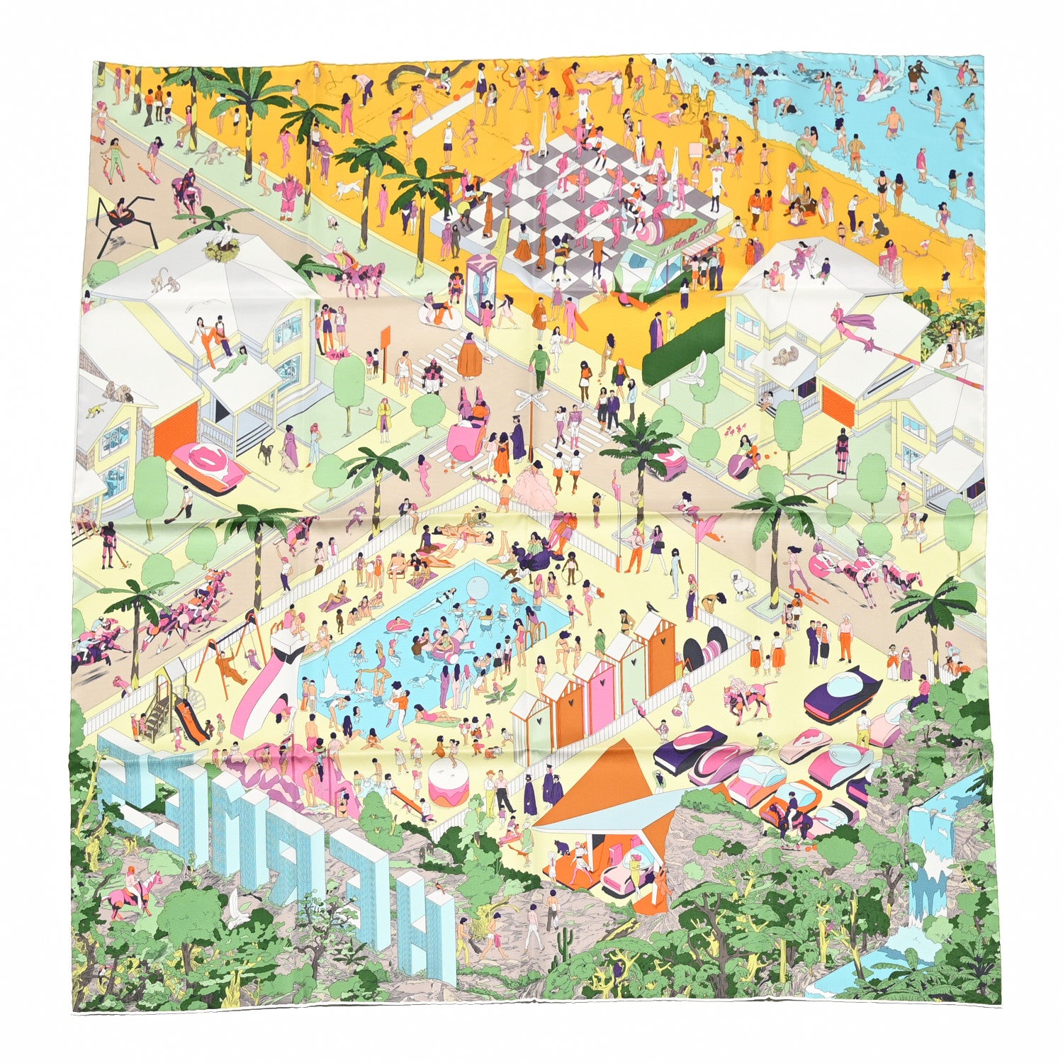 Hermes Silk On The Beach Scarf 90 Jaune Soleil Vert Multicolor