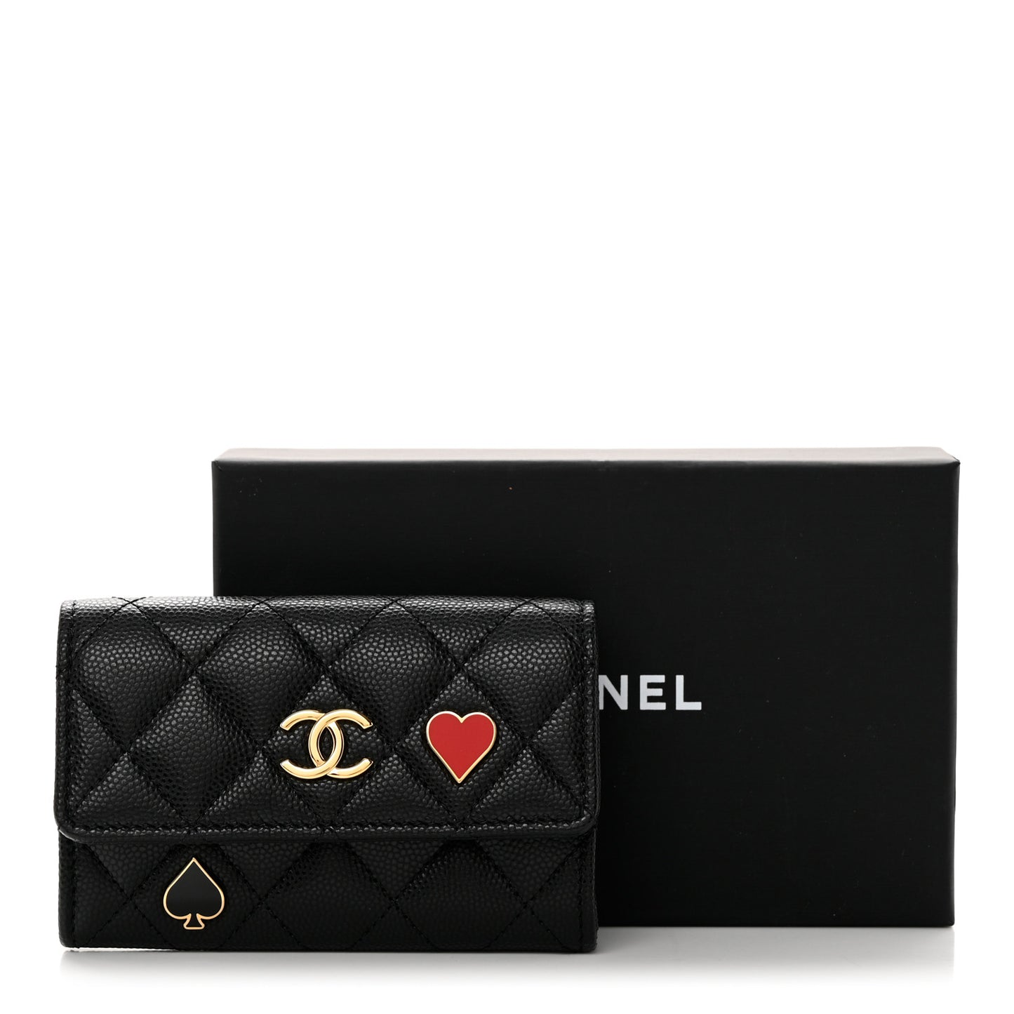 Caviar Quilted Enamel Coco Casino Flap Card Holder Wallet Black
