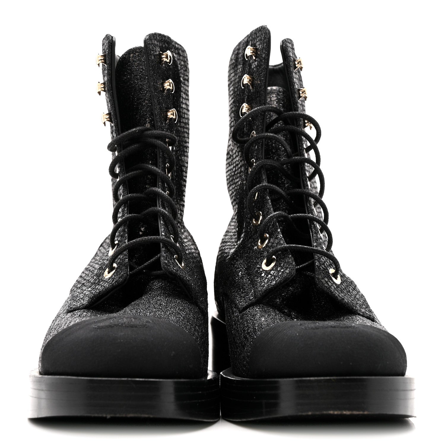 Chanel Fabric Crossgrain Cap Toe Combat Boots 38.5 Black 3 of 13