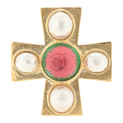 Chanel Metal Pearl Resin CC Cross Brooch Gold Pink Green White 1 of 3