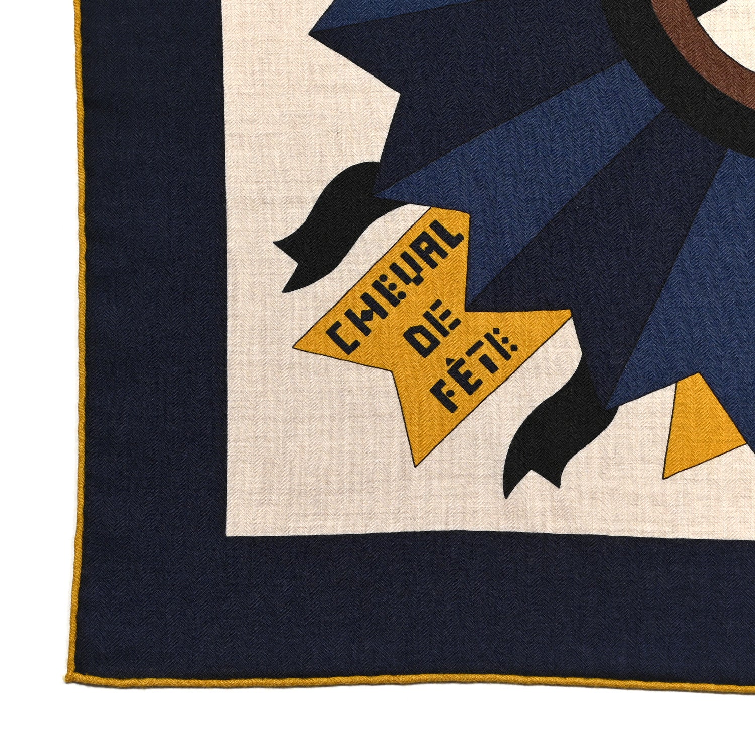 Hermes Cashmere Silk Cheval De Fete Shawl 140 Naturel Marine Moutarde 5 of 6