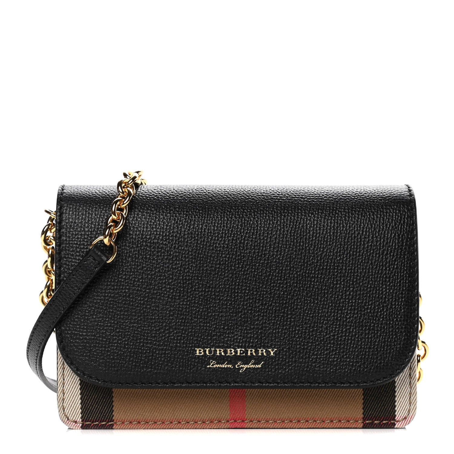 Burberry Derby Calfskin House Check Wallet On Chain Black 1 of 9