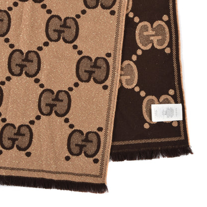 Gucci Wool Lame Jacquard Monogram Jumbo GG Lady Nest Lux Scarf Beige Dark Brown 2 of 4
