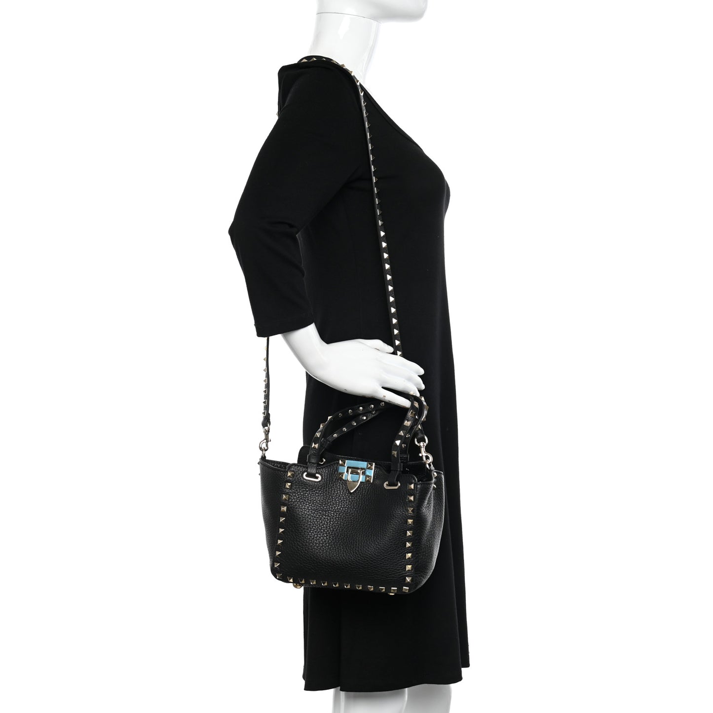 Pebbled Calfskin Mini Rockstud Tote Black