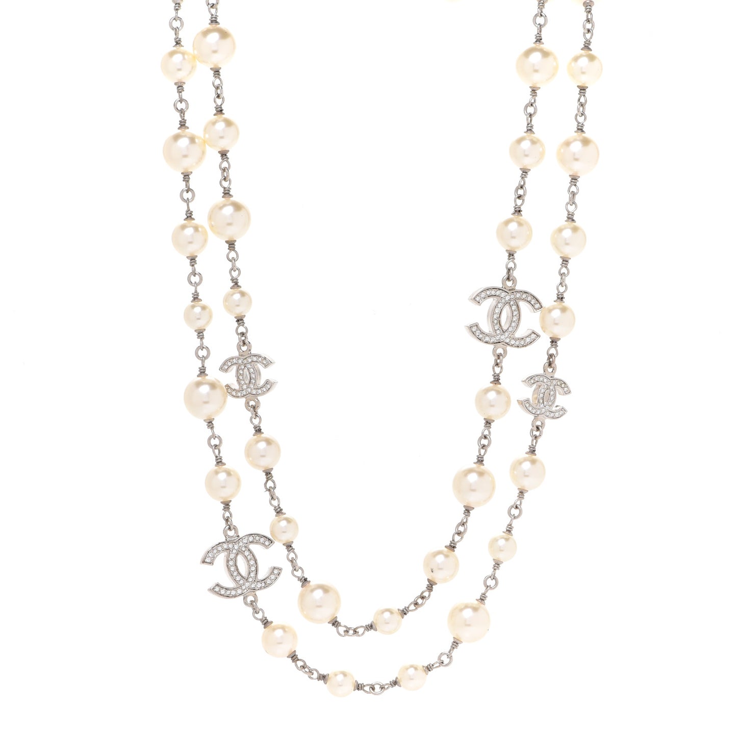 Crystal Pearl CC Long Necklace Silver