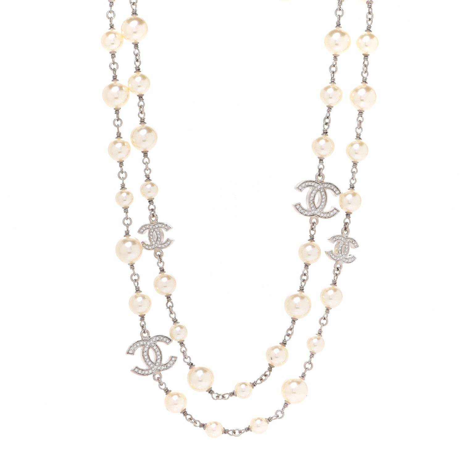 Chanel Crystal Pearl CC Long Necklace Silver 1 of 6