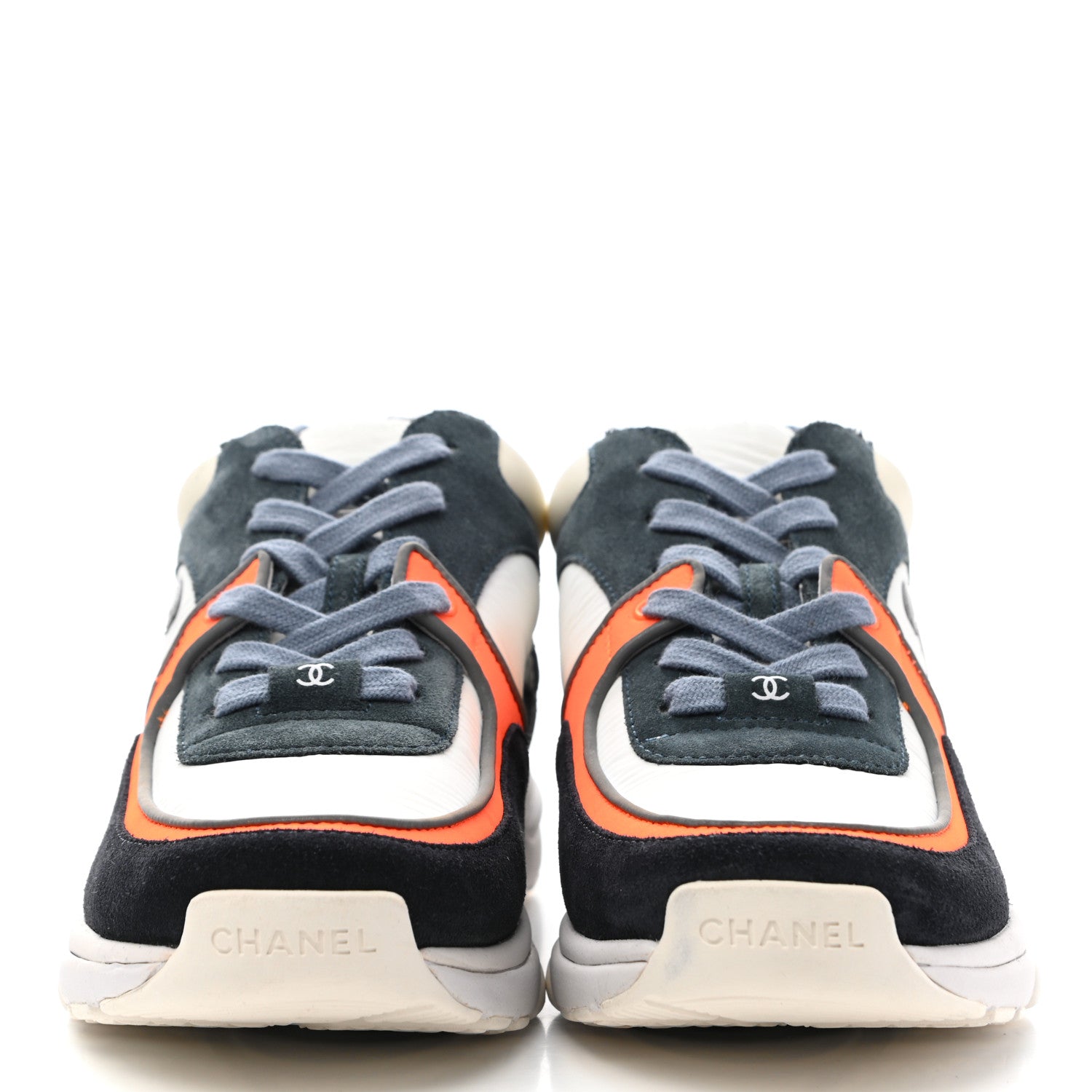 Chanel Nylon Calfskin Suede CC Womens Sneakers 38 Navy White Orange Black 2 of 7