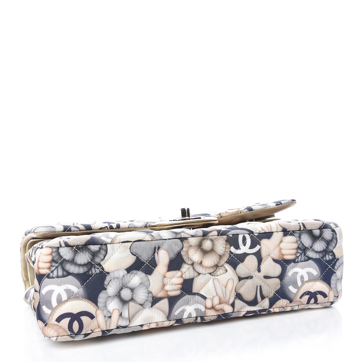 Nylon Quilted Medium Cat Emoticon Double Flap Navy Gold