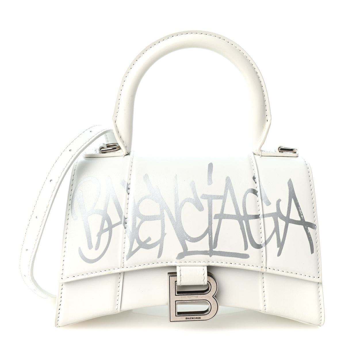 Balenciaga Box Calfskin Graffiti Logo Hourglass Top Handle Bag XS White Light Silver 1 of 9