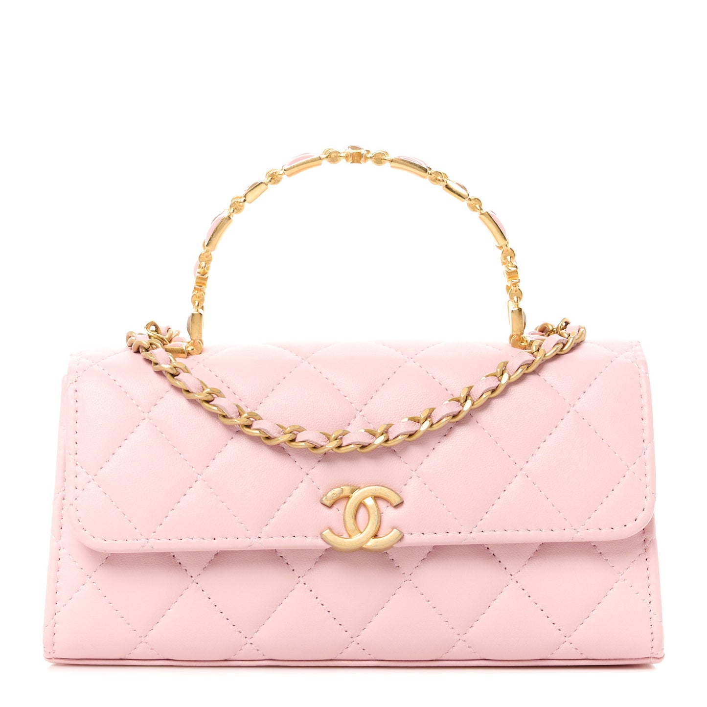 Lambskin Enamel Quilted Top Handle Flap Phone Holder With Chain Pink