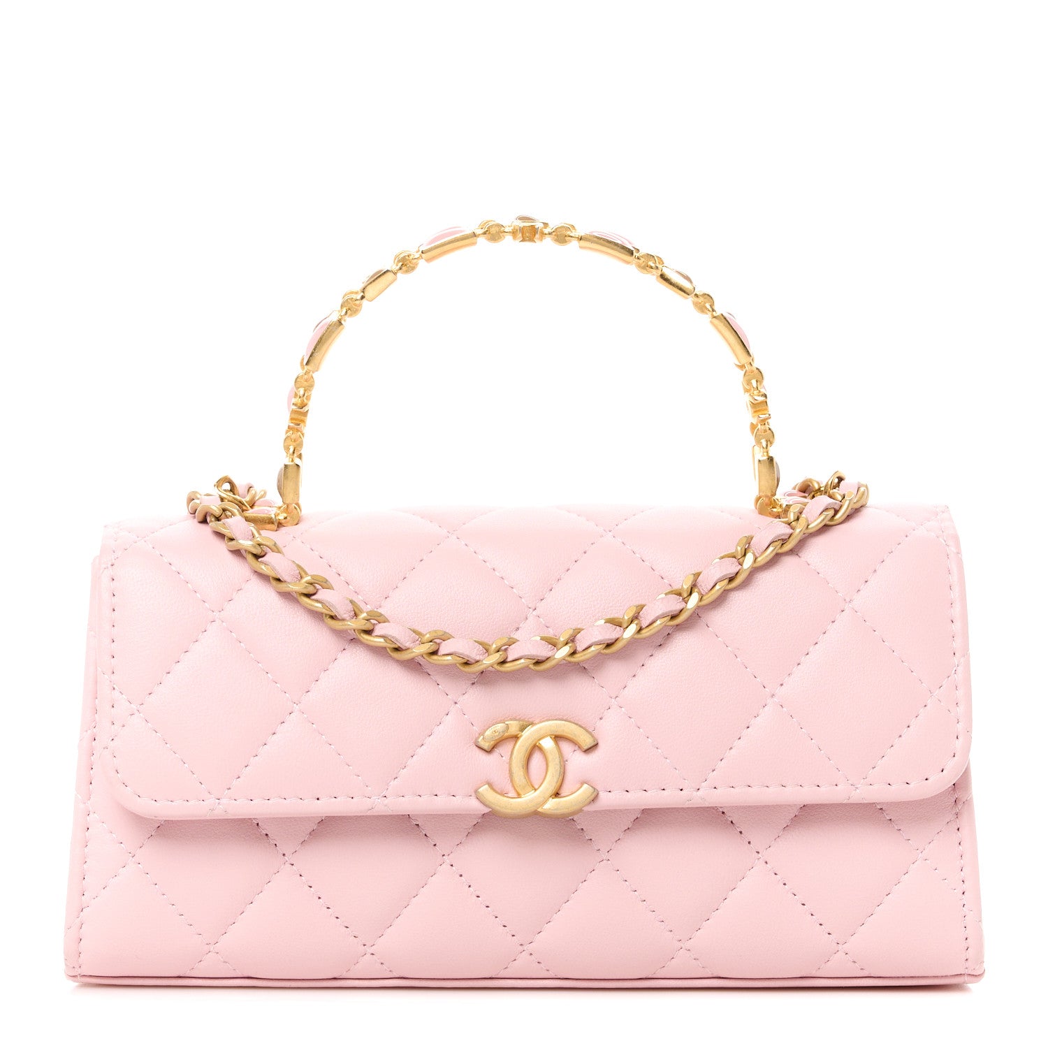 Chanel Lambskin Enamel Quilted Top Handle Flap Phone Holder With Chain Pink 1 of 12