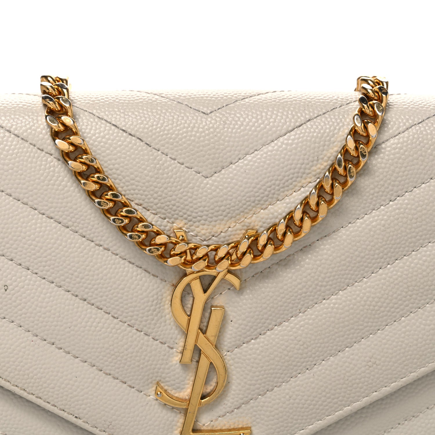 Saint Laurent Grain De Poudre Matelasse Chevron Monogram Chain Wallet Blanc Vintage 7 of 11