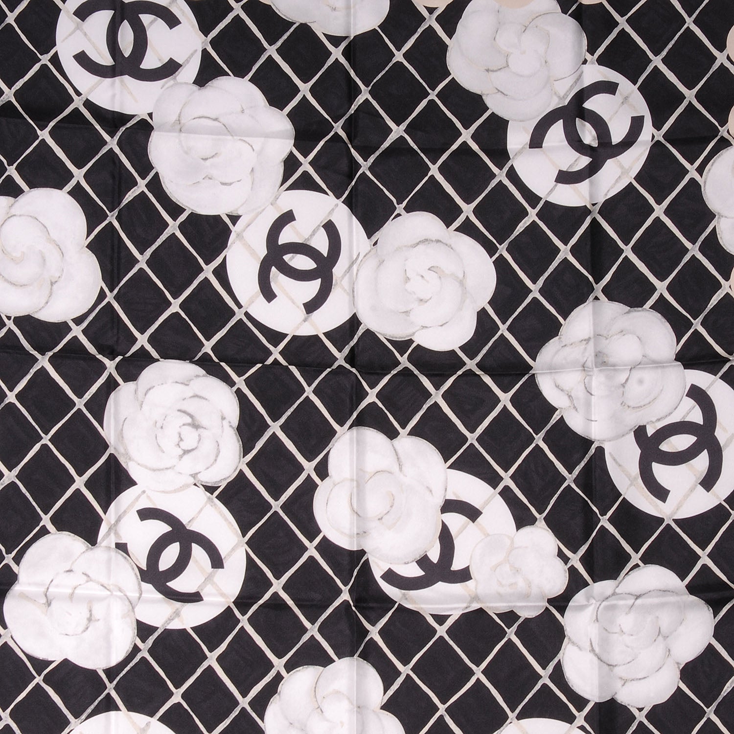 Chanel Silk CC Logo Camellia Scarf White Black 1 of 5