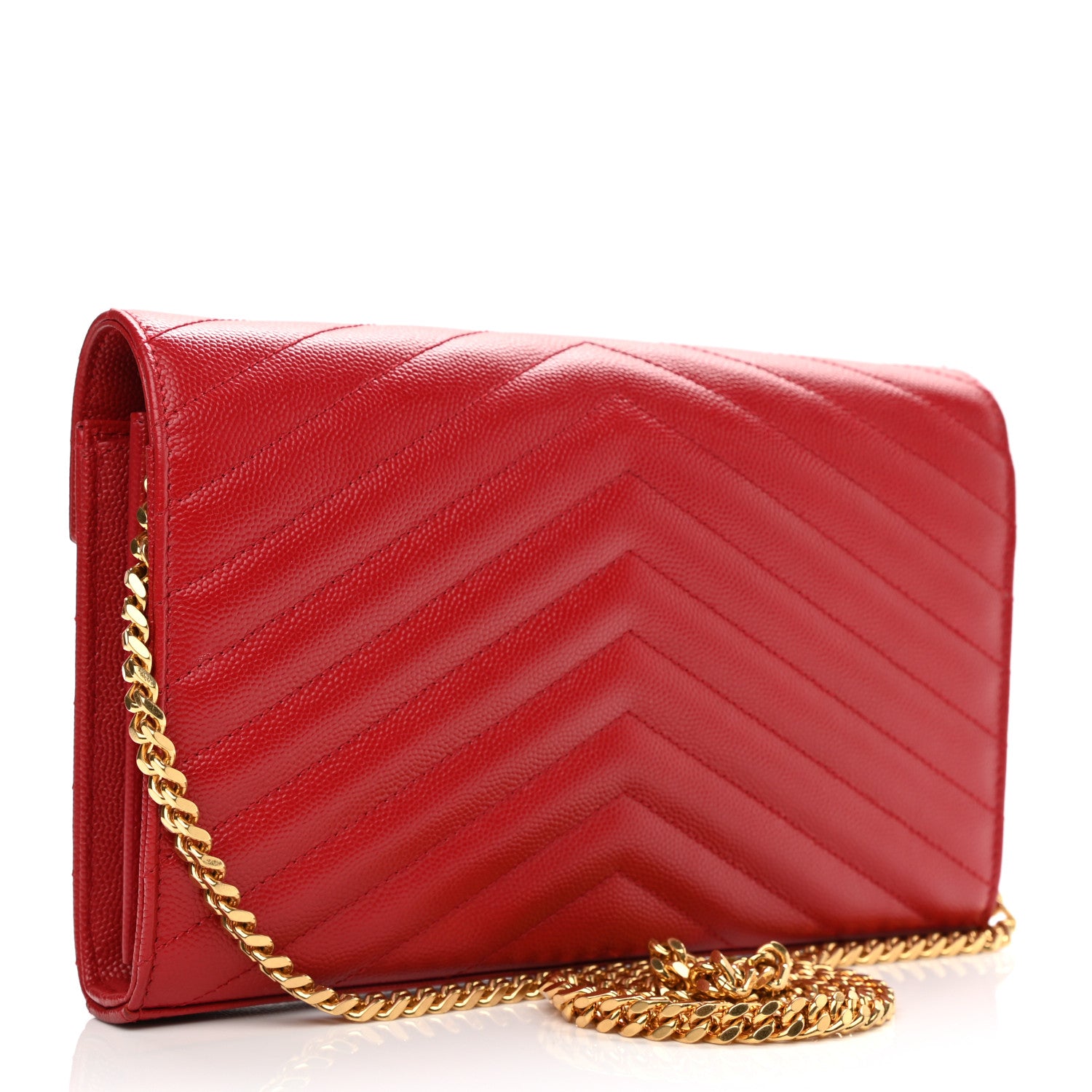 Saint Laurent Grain De Poudre Matelasse Chevron Monogram Chain Wallet Red 2 of 12