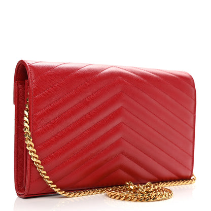 Saint Laurent Grain De Poudre Matelasse Chevron Monogram Chain Wallet Red 2 of 12