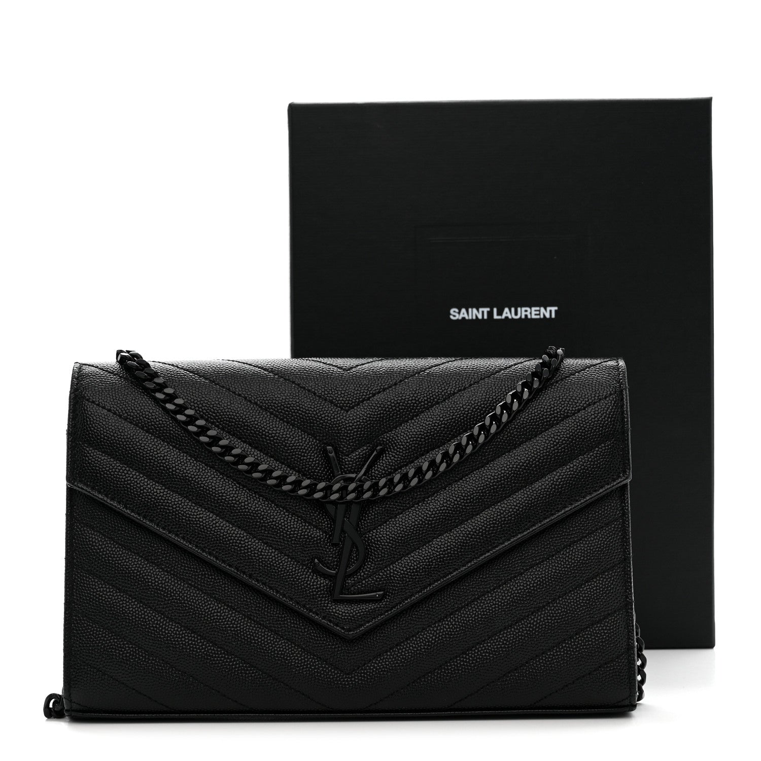Saint Laurent Grain De Poudre Matelasse Chevron Monogram Monochrome Chain Wallet Black 10 of 10