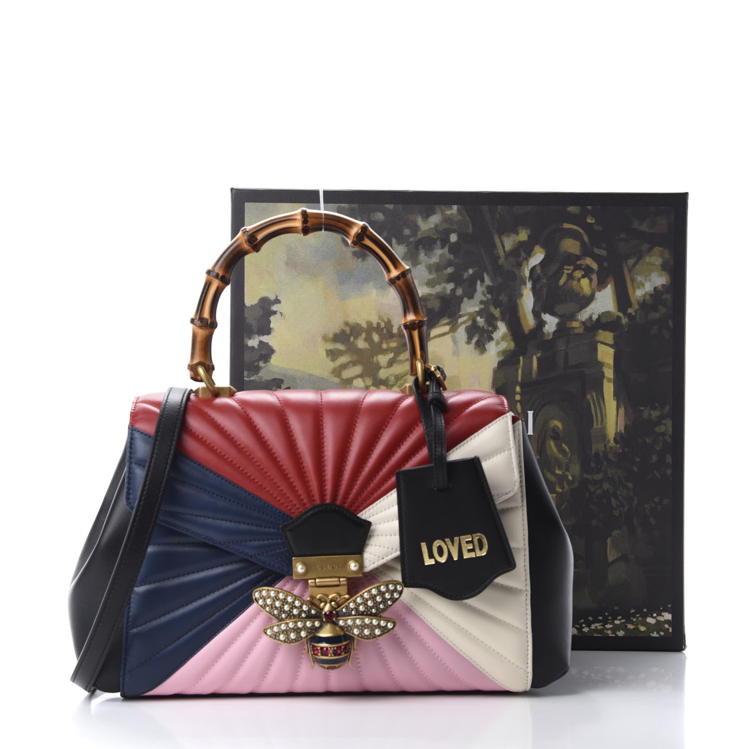 Gucci Calfskin Bamboo Trapuntata Queen Margaret Top Handle Bag Blue Agata Hibiscus Red Mystic White Sugar Pink 10 of 10