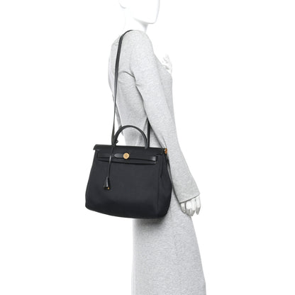 Hermes Military Toile Vache Hunter Herbag Zip Retourne 31 PM Bleu Marine Black 2 of 11