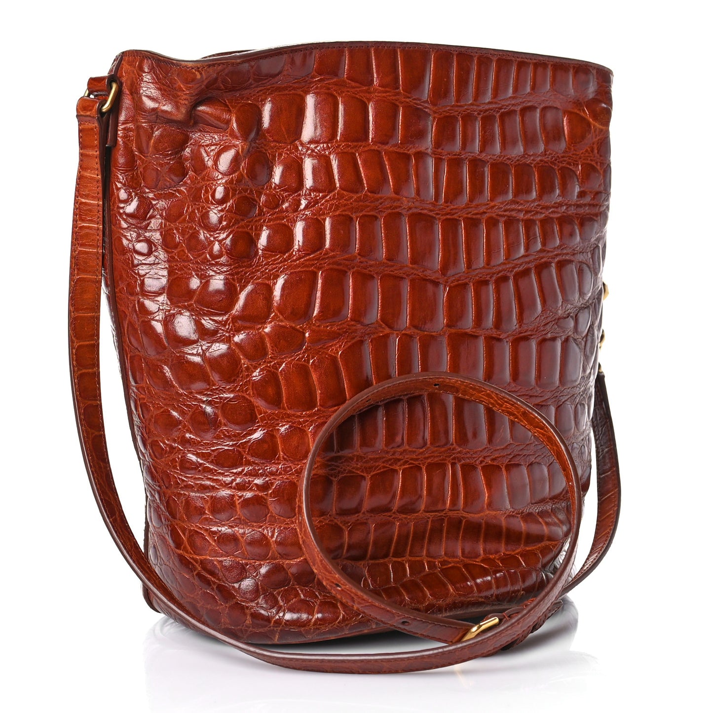 Calfskin Crocodile Embossed Bucket Bag Vintage Brown