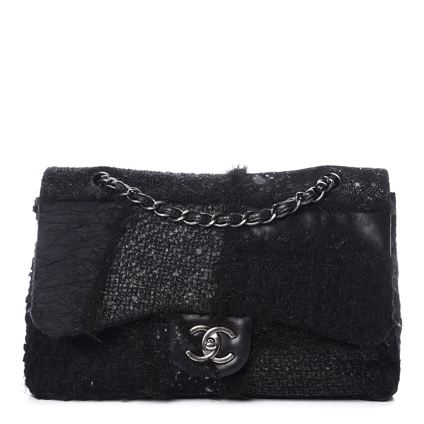 Tweed Faux Fur Patchwork Jumbo Single Flap Black