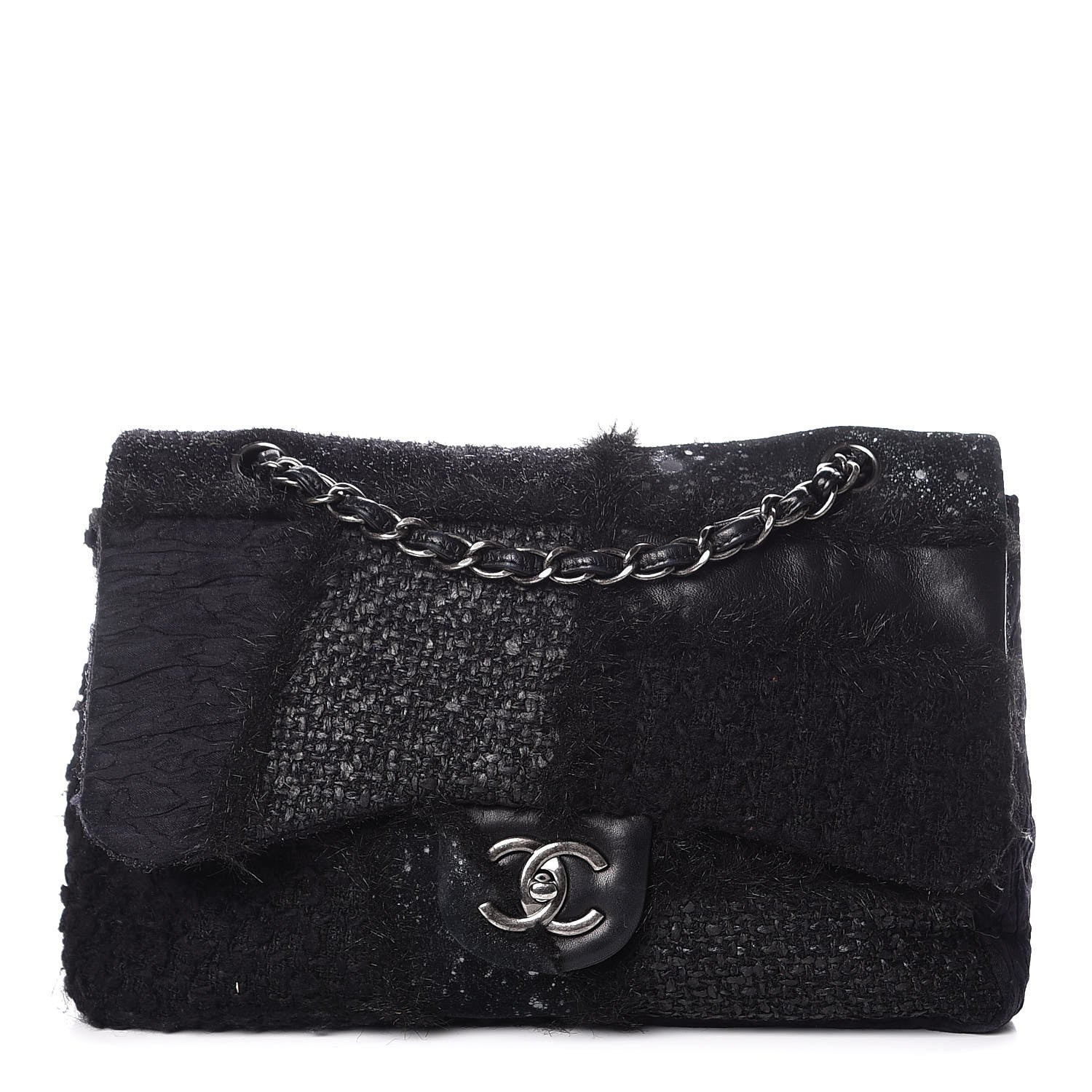 Chanel Tweed Faux Fur Patchwork Jumbo Single Flap Black 1 of 8