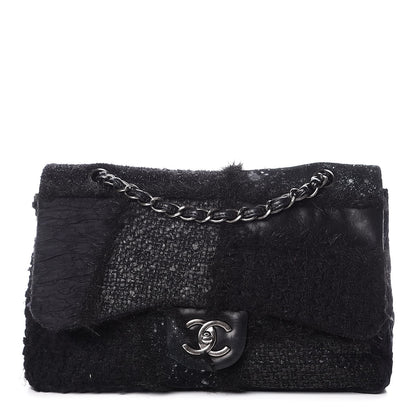 Chanel Tweed Faux Fur Patchwork Jumbo Single Flap Black 1 of 8