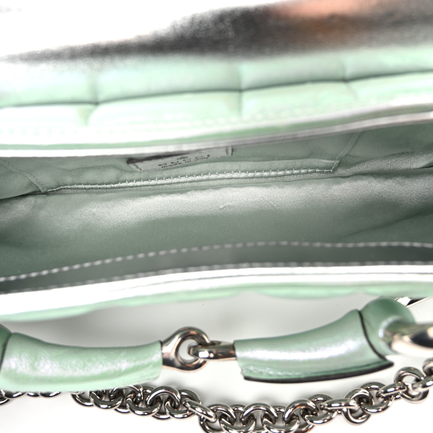 Gucci Iridescent Nappa Vertical Matelasse Small Maxi Horsebit Chain Shoulder Bag Iridescent Salvy Green 5 of 10