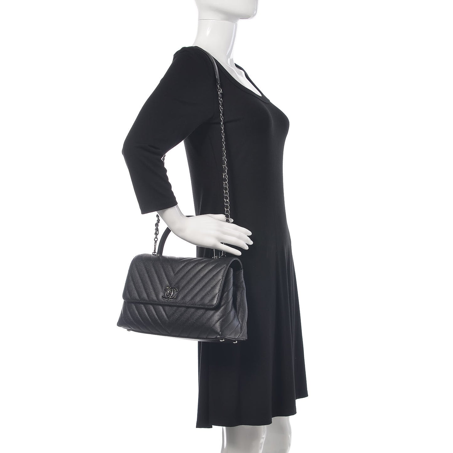 Caviar Chevron Quilted Small Coco Handle Flap Black