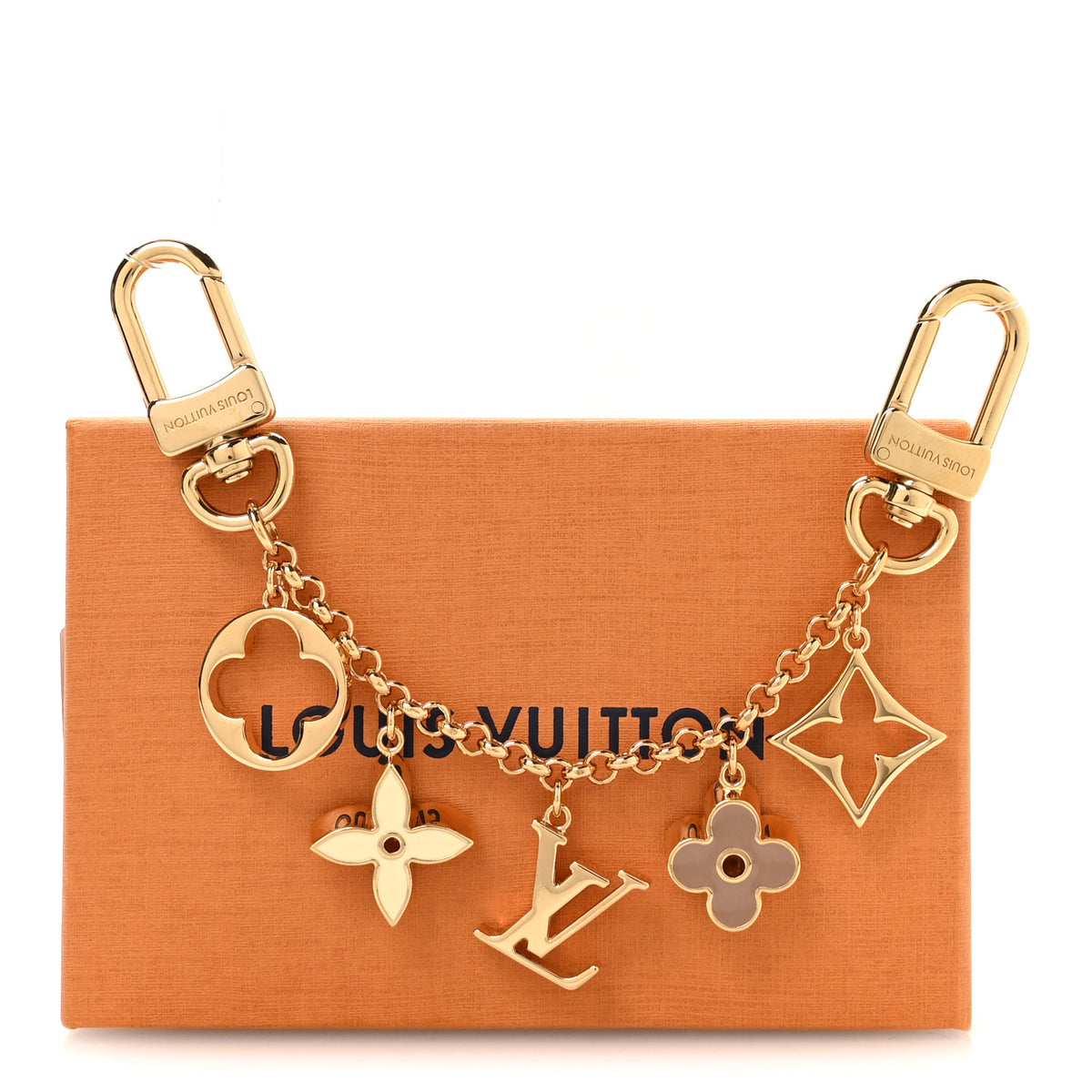 Brass Enamel Fleur De Monogram Bag Charm Chain Gold