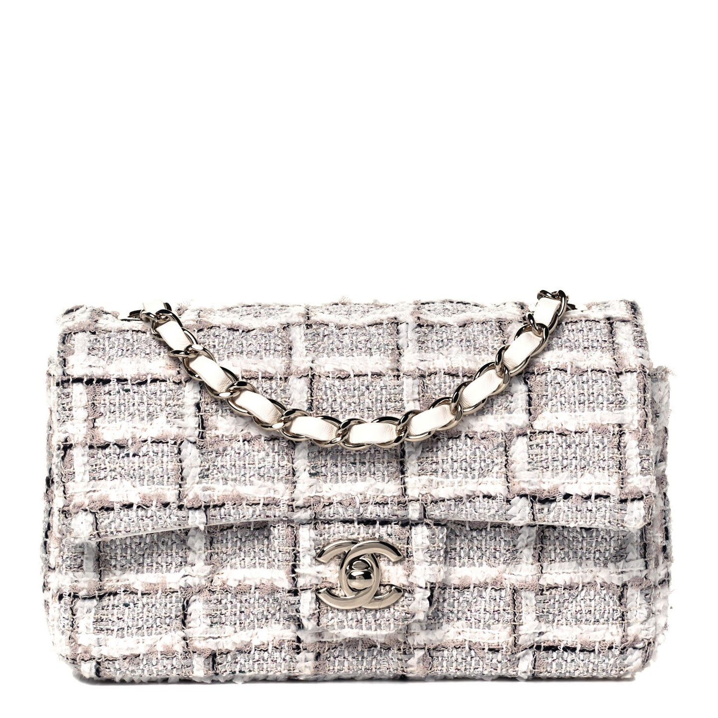 Tweed Quilted Mini Rectangular Flap White Grey