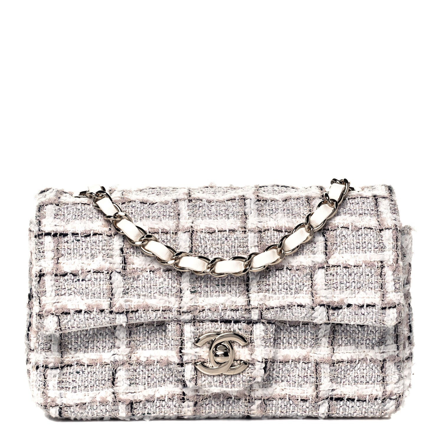 Chanel Tweed Quilted Mini Rectangular Flap White Grey 1 of 8