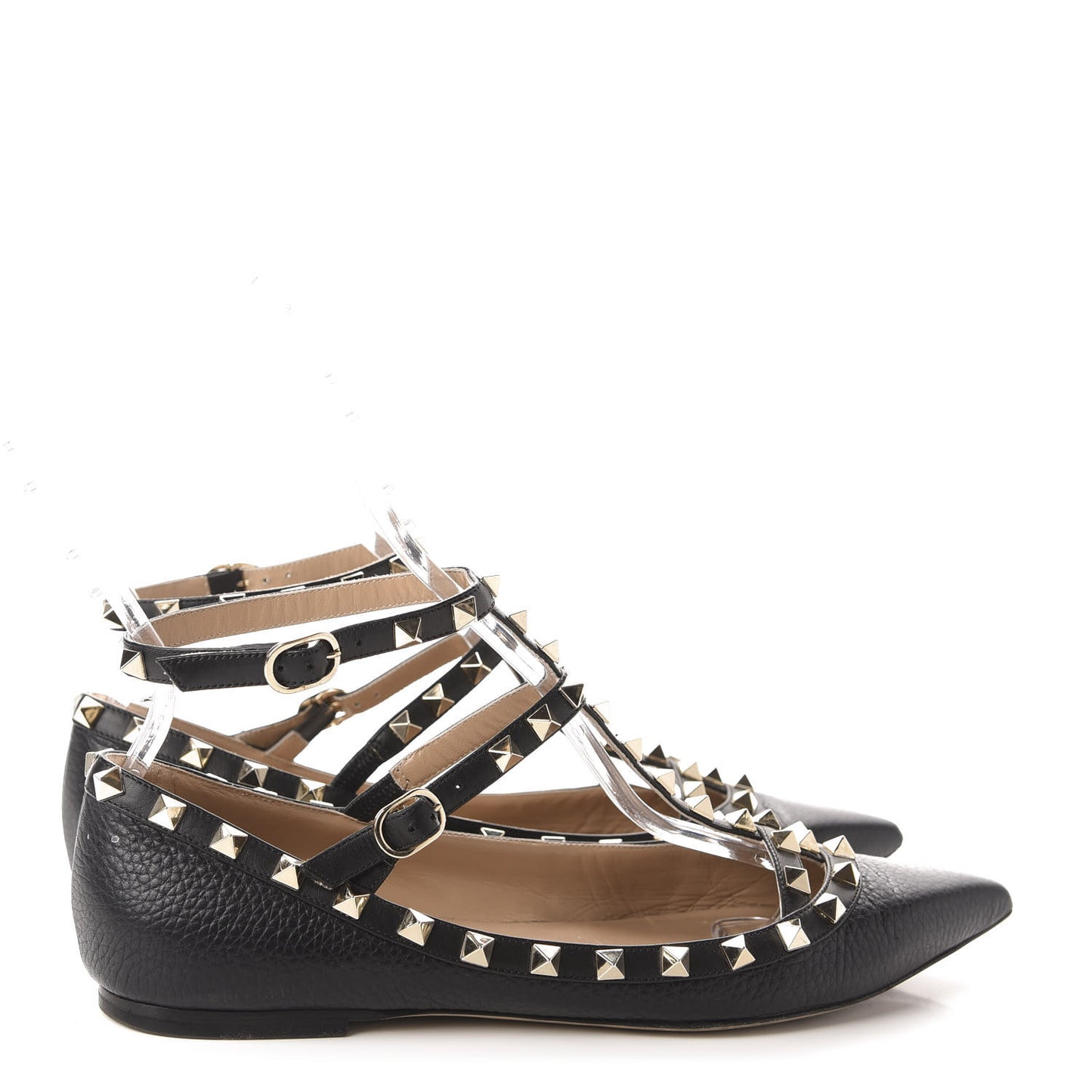 Pebbled Calfskin Rockstud Cage Ballerina Flats 39.5 Black