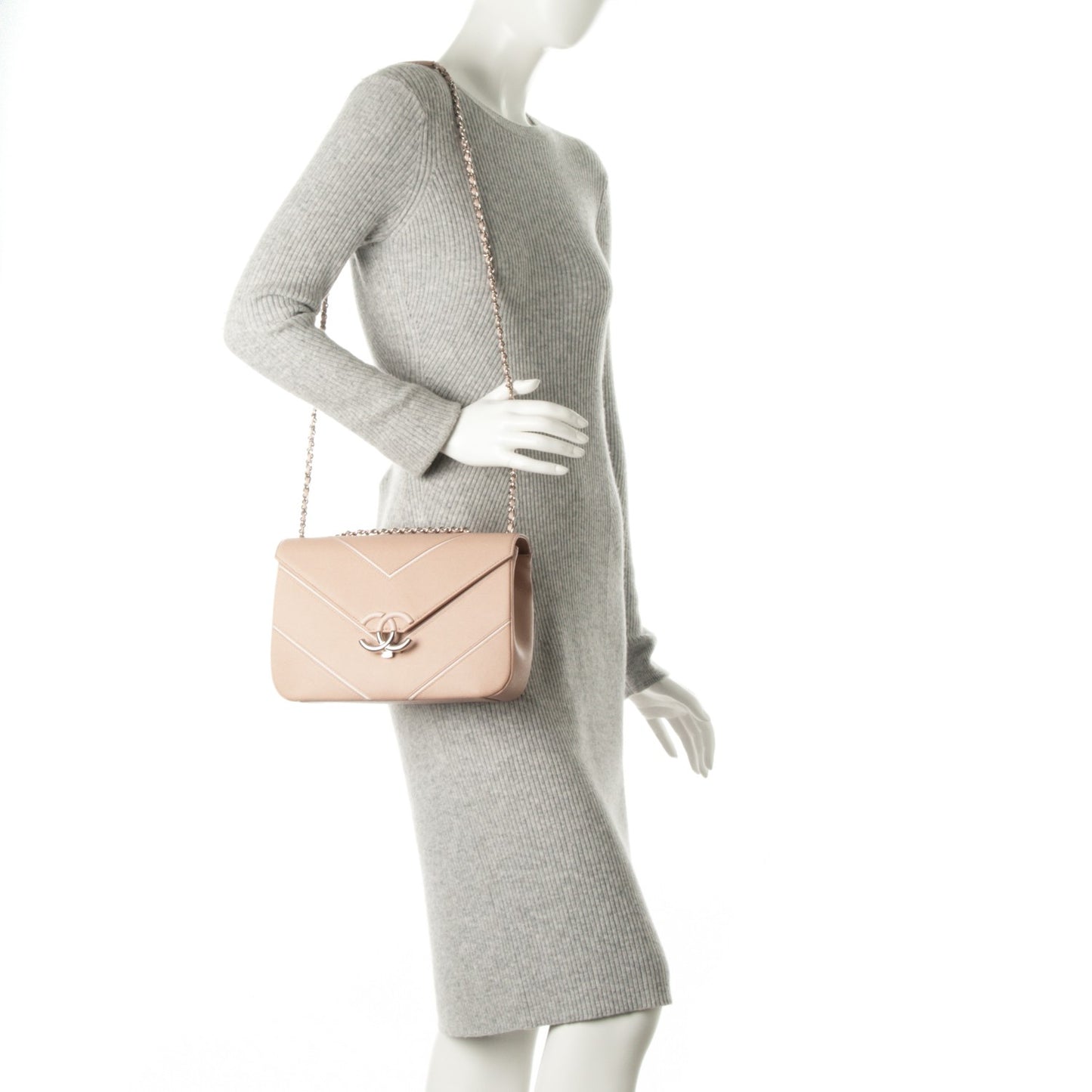 Caviar Chevron Large Single Flap Beige
