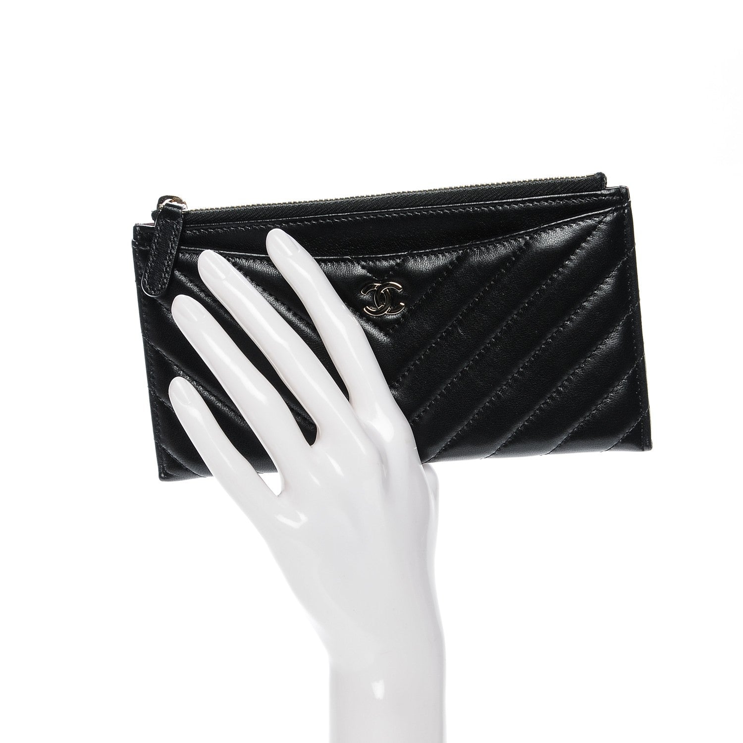 Chanel Calfskin Chevron Quilted Classic Zip Pouch Black 2 of 7