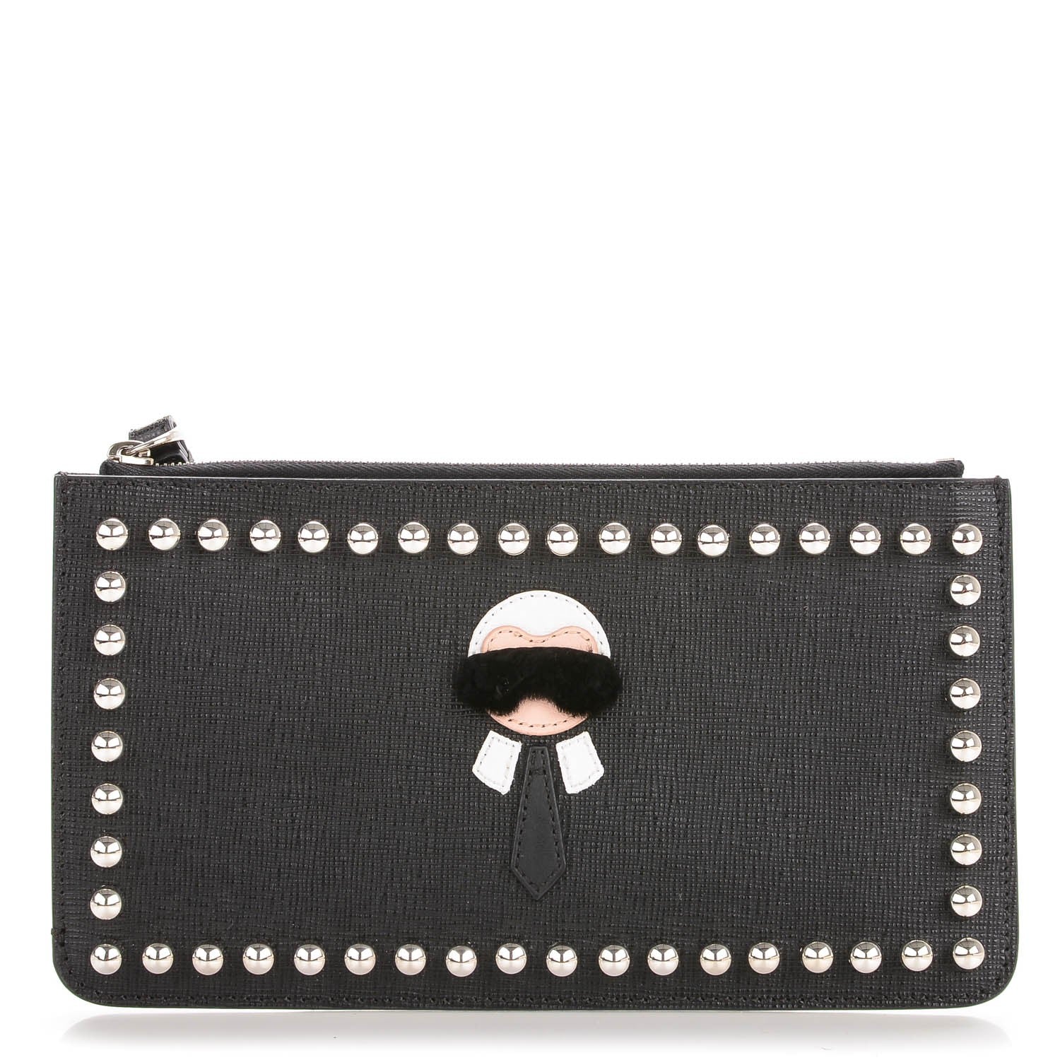 Fendi Vitello Elite Mink Fur Studded Karlito Zip Pouch Black 1 of 7