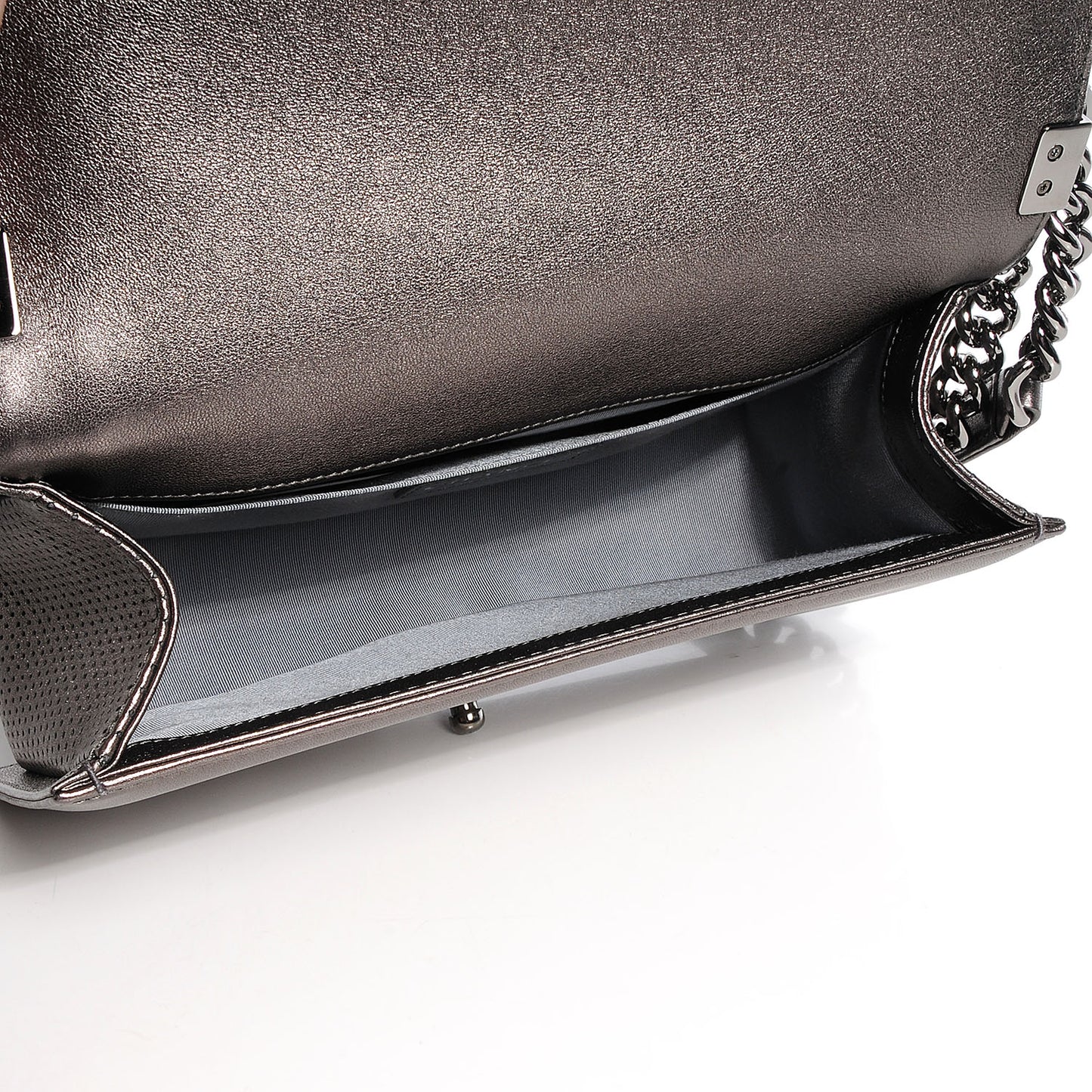 Metallic Lambskin Perforated Medium Boy Flap Dark Silver