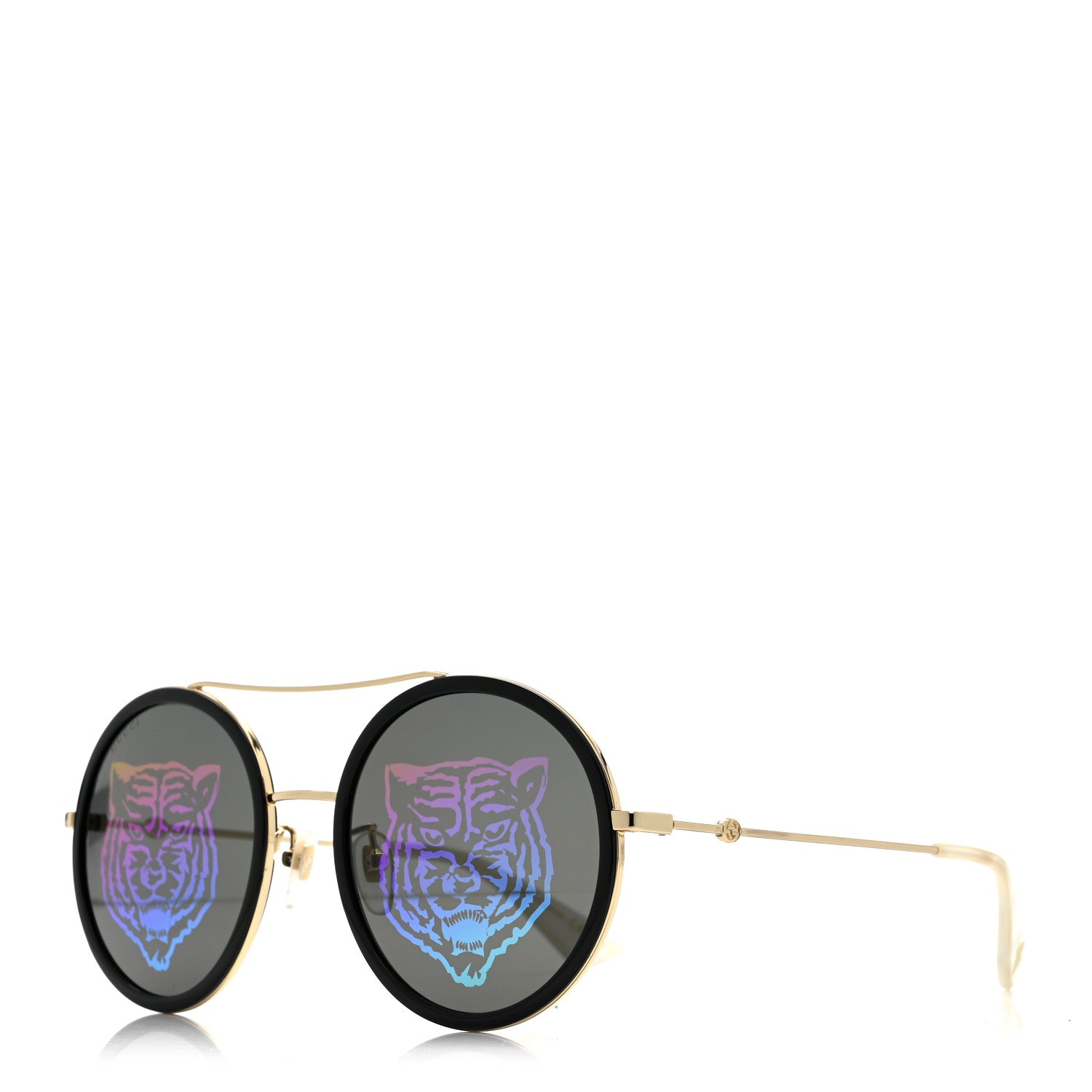 Gucci Metal Round Frame Tiger Print Sunglasses GG0061S Gold 1 of 8