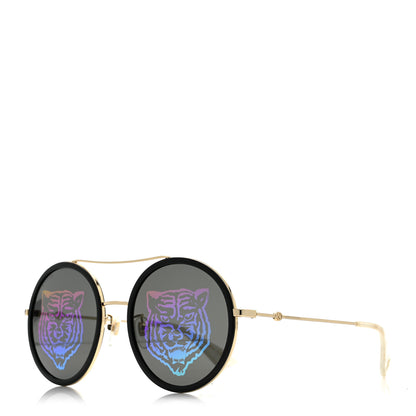 Gucci Metal Round Frame Tiger Print Sunglasses GG0061S Gold 1 of 8