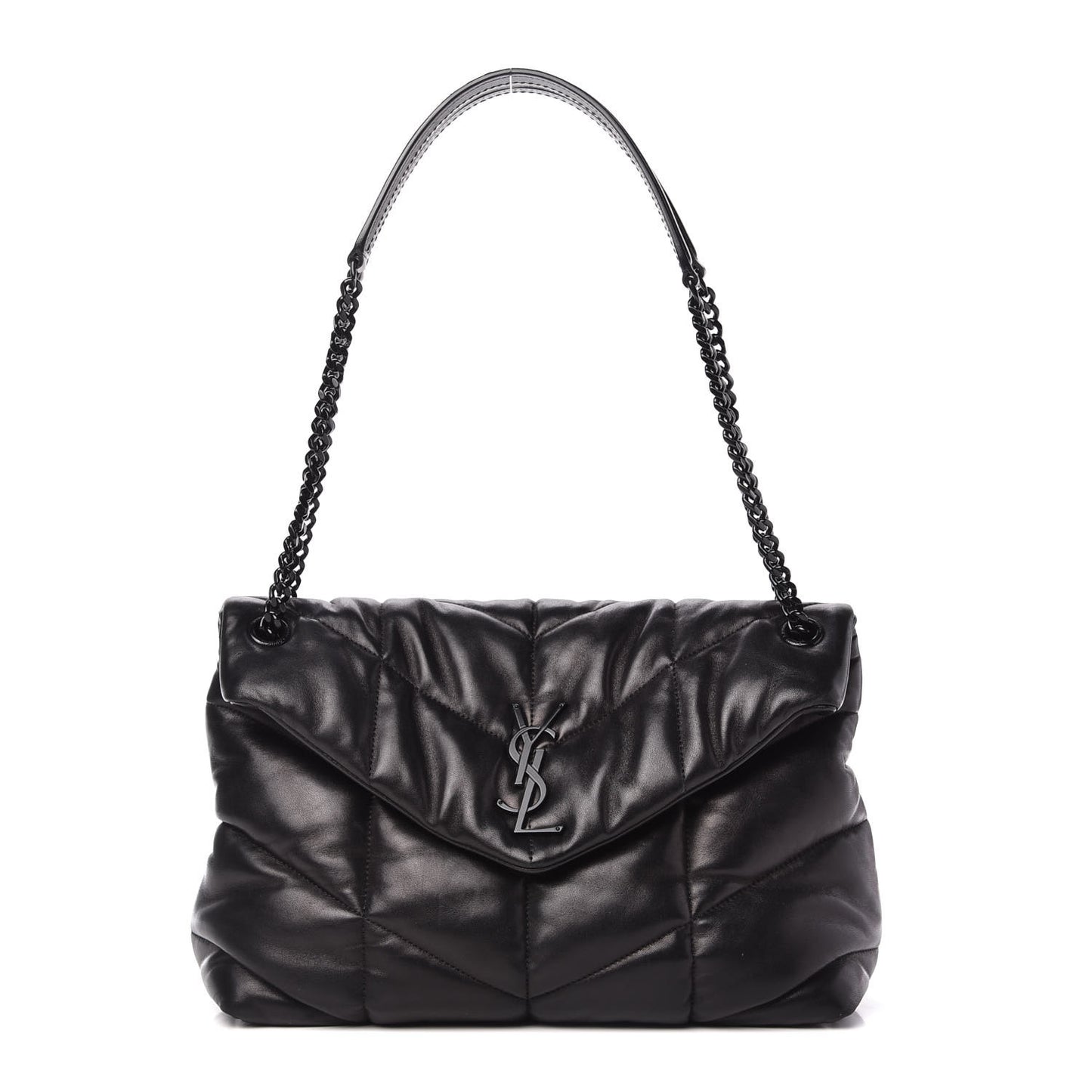 Lambskin Quilted Medium Loulou Puffer Monogram Chain Satchel Black