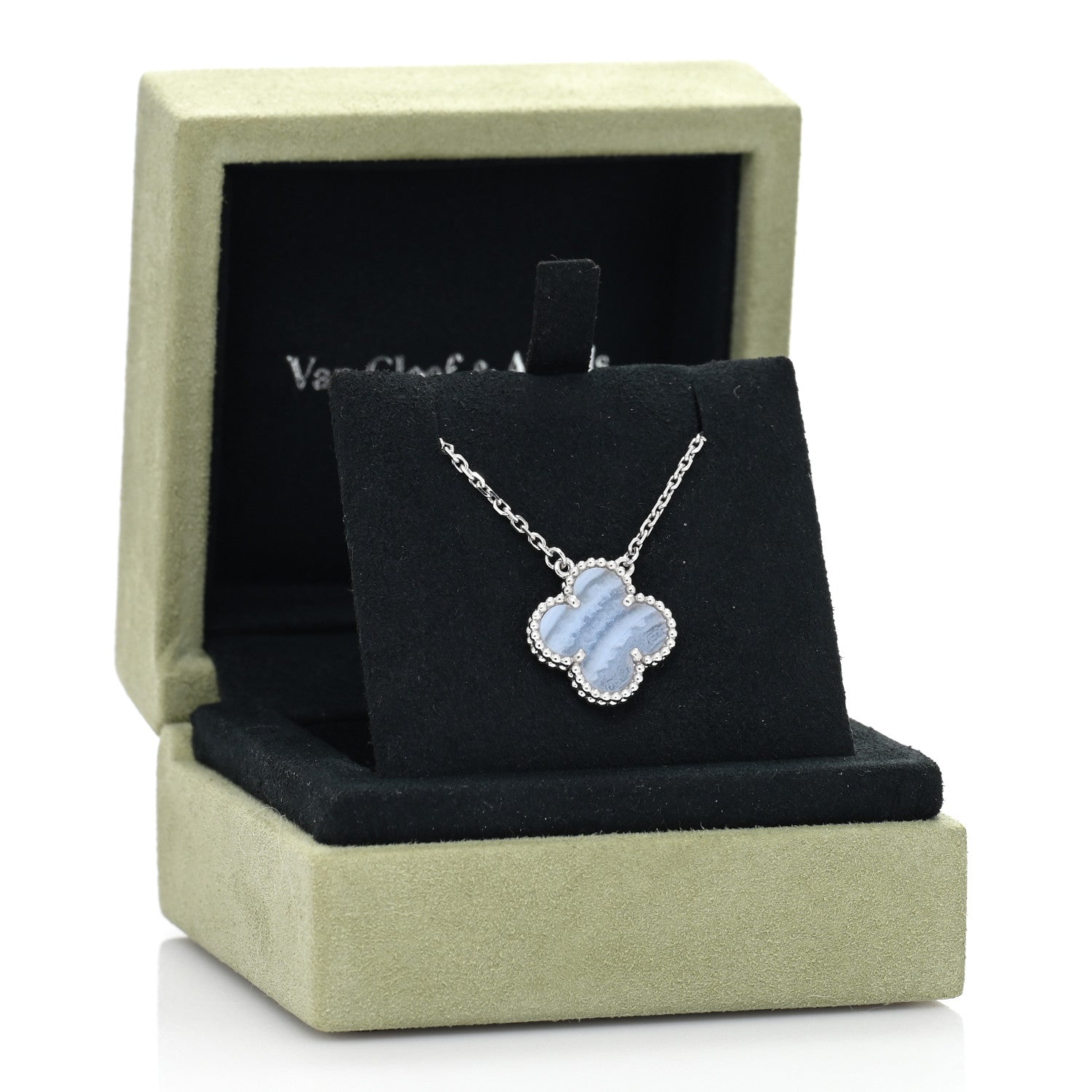 Van Cleef & Arpels 18k White Gold Chalcedony Vintage Alhambra Pendant Necklace 5 of 5