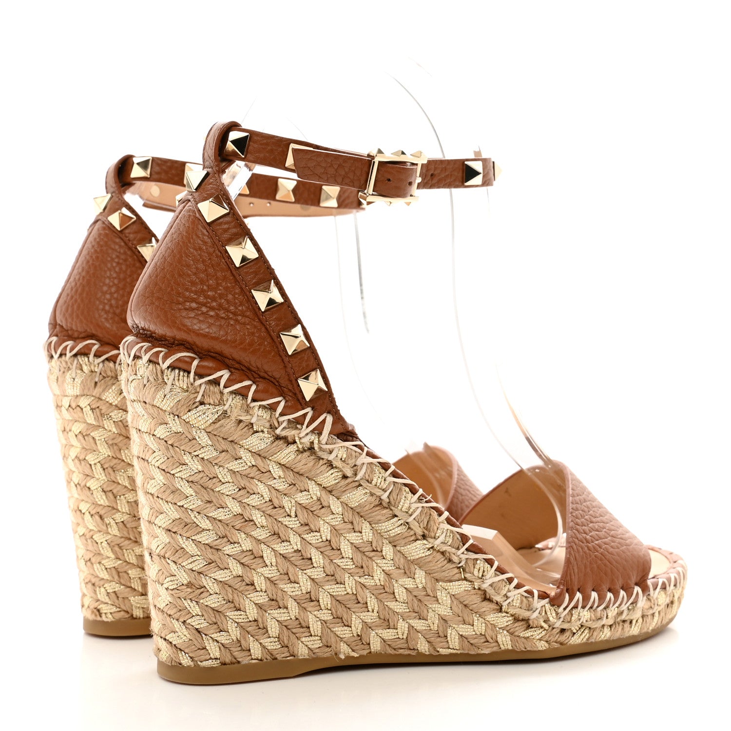 Valentino Garavani Grained Calfskin Rockstud Ankle Strap Espadrille 15/105mm Wedge Sandals 37 Cuoio Natural 4 of 11