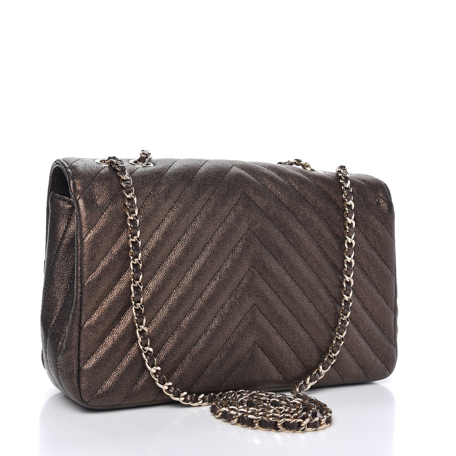 Chanel Metallic Caviar Chevron Quilted Medium Statement Flap Bronze 3 of 10